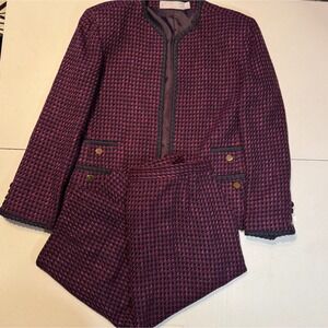 Vtg Union Made Evan Picone Womens 12 Burgundy Black Houndstooth Blazer Skirt Set